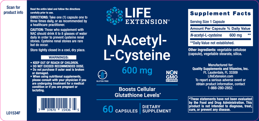 Life ExtensionN-Acetyl-L-Cysteine 600 mg 60 vegcaps - Live Well Franklin