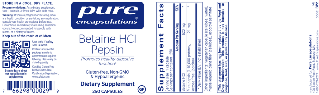 Pure EncapsulationsBetaine HCL Pepsin 250 caps - Live Well Franklin